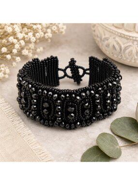 Black Crystal Seed Bead Woven Cuff Bracelet 6.5 In Toggle Clasp Boho Statement